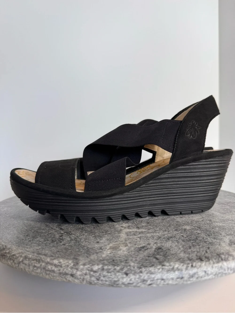Fly London Yaji Black Leather Wedge Heels Sandals 39